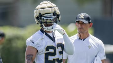 Jun 13, 2023; New Orleans, LA, USA;  New Orleans Saints cornerback Marshon Lattimore (23) during minicamp at the Ochsner Sports Performance Center. Mandatory Credit: Stephen Lew-USA TODAY Sports