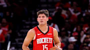 Oct 27, 2025; Houston, Texas, USA; Houston Rockets guard Reed Sheppard (15) handles the ball against the Brooklyn Nets during the second quarter at Toyota Center. Mandatory Credit: Erik Williams-Imagn Images
