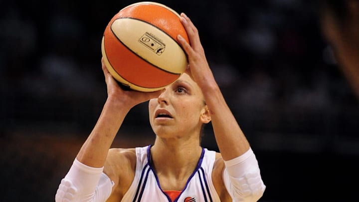 Sep 5, 2010; Phoenix, AZ, USA; Phoenix Mercury guard Diana Taurasi (3) shoots a free throw during the first half in game two of the western conference finals in the 2010 WNBA Playoffs at US Airways Center.  Mandatory Credit: Jennifer Stewart-Imagn Images