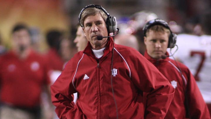 Dec 31,2007; Tempe, AZ, USA; Indiana Hoosiers head coach Bill Lynch looks on against the Oklahoma State Cowboys during the third quarter in the Insight Bowl at Sun Devil Stadium in Tempe, Arizona. Mandatory Credit: Rick Scuteri-USA TODAY Sports