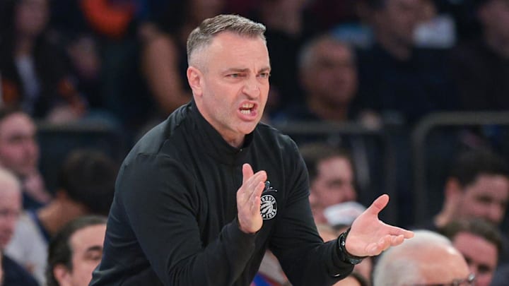 Apr 10, 2026; New York, New York, USA; Toronto Raptors head coach Darko Rajakovic reacts during the first quarter against the New York Knicks at Madison Square Garden. Mandatory Credit: Vincent Carchietta-Imagn Images 