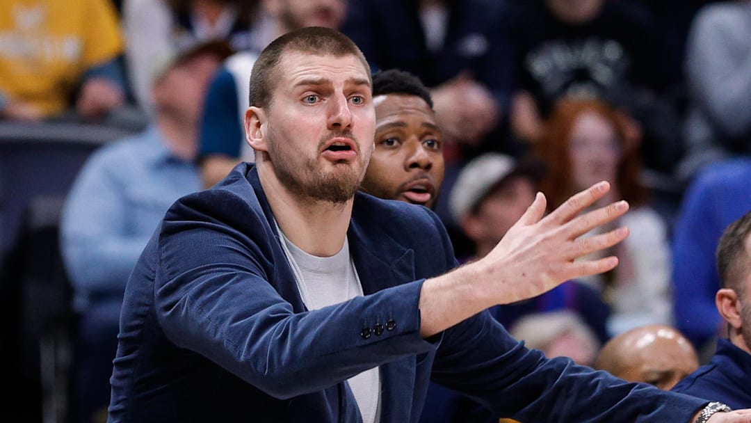 Jan 11, 2026; Denver, Colorado, USA; Denver Nuggets center Nikola Jokic reacts from the bench in the fourth quarter against the Milwaukee Bucks at Ball Arena. Mandatory Credit: Isaiah J. Downing-Imagn Images