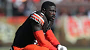 Cleveland Browns linebacker Jeremiah Owusu-Koramoah (6) rests in between plays during the first half of an NFL football game at Huntington Bank Field, Sunday, Oct. 20, 2024, in Cleveland, Ohio.