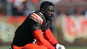 Cleveland Browns linebacker Jeremiah Owusu-Koramoah (6) rests in between plays during the first half of an NFL football game at Huntington Bank Field, Sunday, Oct. 20, 2024, in Cleveland, Ohio.