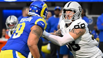 Oct 20, 2024; Inglewood, California, USA; Las Vegas Raiders defensive end Maxx Crosby (98) during the third quarter against the Los Angeles Rams at SoFi Stadium. Mandatory Credit: Robert Hanashiro-Imagn Images
