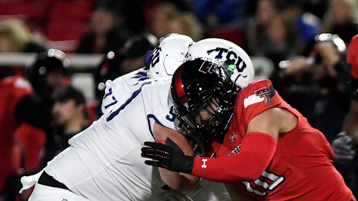 Texas Tech's linebacker Jacob Rodriguez (10) makes a tackle against TCU, Thursday, Nov. 2, 2023, at Jones AT&T Stadium.
