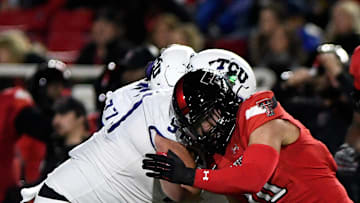 Texas Tech's linebacker Jacob Rodriguez (10) makes a tackle against TCU, Thursday, Nov. 2, 2023, at Jones AT&T Stadium.