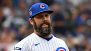 Aug 16, 2025; Chicago, Illinois, USA; Chicago Cubs pitcher Andrew Kittredge (59) looks on during the eighth inning against the Pittsburgh Pirates at Wrigley Field. Mandatory Credit: Patrick Gorski-Imagn Images