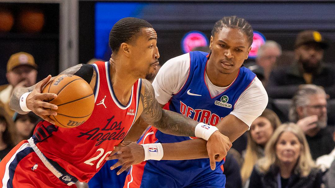 Jan 10, 2026; Detroit, Michigan, USA; Detroit Pistons guard Ausar Thompson (9) defends against LA Clippers forward John Collins (20) during the first quarter at Little Caesars Arena. Mandatory Credit: David Reginek-Imagn Images Jan 10, 2026; Detroit, Michigan, USA; Detroit Pistons guard Ausar Thompson (9) defends against LA Clippers forward John Collins (20) during the first quarter at Little Caesars Arena. Mandatory Credit: David Reginek-Imagn Images