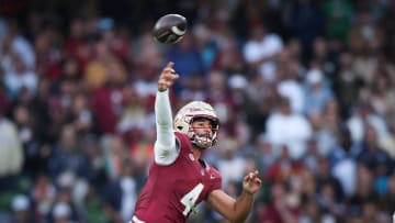 Aug 24, 2024; Dublin, IRL; Florida State University quarterback DJ Uiagalelei passes the ball against Georgia Tech at Aviva Stadium. Mandatory Credit: Tom Maher/INPHO via USA TODAY Sports