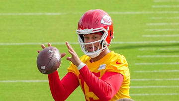 Jul 22, 2025; St. Joseph, MO, USA; Kansas City Chiefs quarterback Patrick Mahomes (15) receives a snap during training camp at Missouri Western State University. Mandatory Credit: Denny Medley-Imagn Images