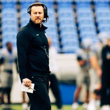 Memphis football head coach Ryan Silverfield looks toward the sideline during the Memphis football spring game on Saturday, April 20, 2024 at Simmons Bank Liberty Stadium in Memphis, Tenn.