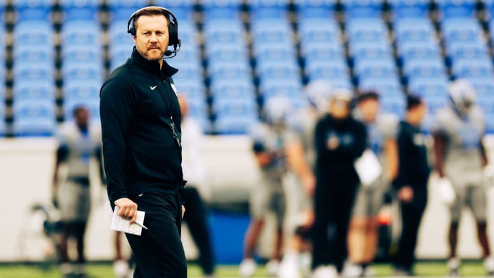 Memphis football head coach Ryan Silverfield looks toward the sideline during the Memphis football spring game on Saturday, April 20, 2024 at Simmons Bank Liberty Stadium in Memphis, Tenn.