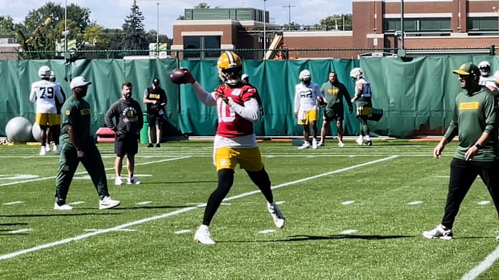 Green Bay Packers QB Jordan Love at practice on Wednesday.