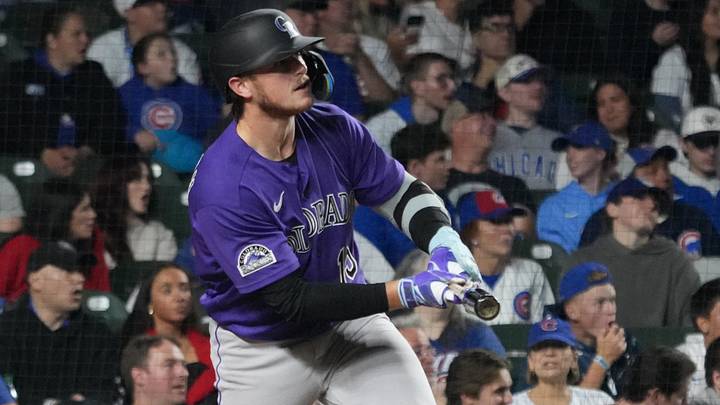 Jun 17, 2026; Chicago, Illinois, USA;  Colorado Rockies catcher Hunter Goodman (15) hits a two-run home run against the Chicago Cubs during the eighth inning at Wrigley Field. Mandatory Credit: David Banks-Imagn Images