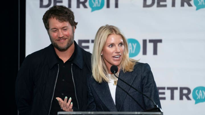 Matthew and Kelly Stafford make remarks before the ribbon cutting for the Kelly and Matthew Stafford and Friends Education Center