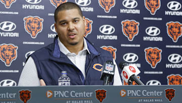 Mar 16, 2023; Lake Forest, IL, USA; Chicago Bears general manager Ryan Poles speaks during a press conference at Halas Hall. Mandatory Credit: Kamil Krzaczynski-Imagn Images