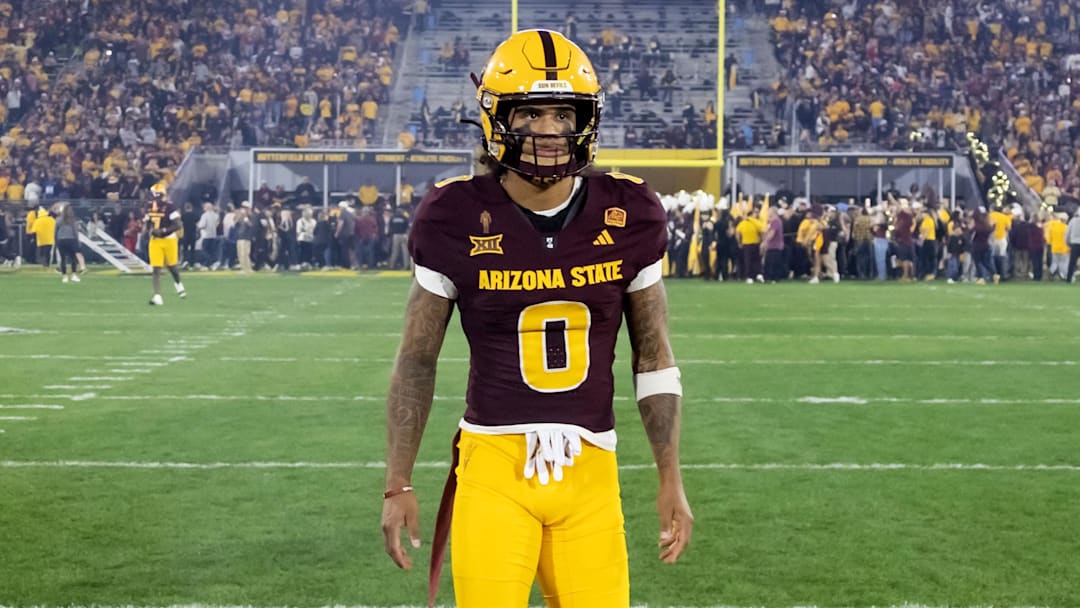 Nov 28, 2025; Tempe, Arizona, USA; Arizona State Sun Devils wide receiver Jordyn Tyson (0) against the Arizona Wildcats during the 99th Territorial Cup at Mountain America Stadium. Mandatory Credit: Mark J. Rebilas-Imagn Images