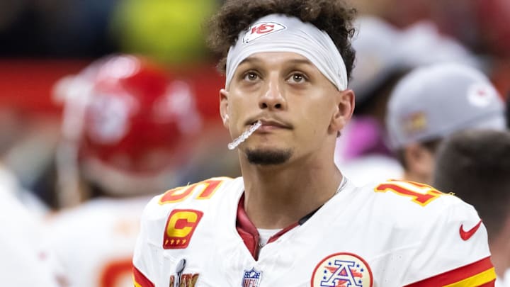 Kansas City Chiefs quarterback Patrick Mahomes (15) reacts against the Philadelphia Eagles in Super Bowl LIX at Ceasars Superdome.