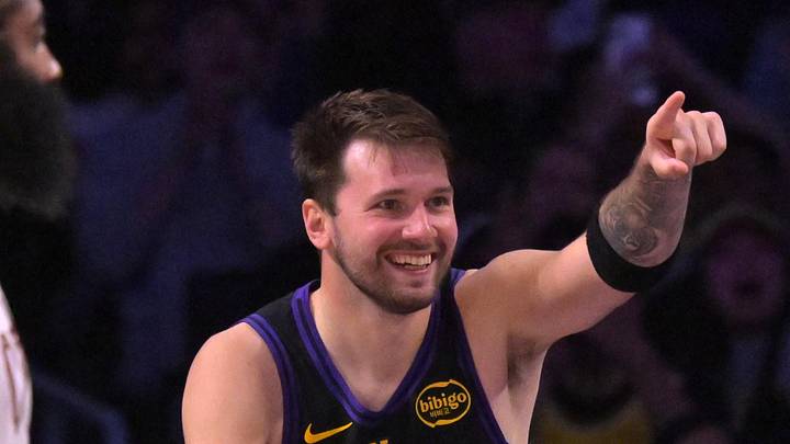 Mar 31, 2026; Los Angeles, California, USA;  Los Angeles Lakers guard Luka Doncic (77) reacts after a basket in the second half against the Cleveland Cavaliers at Crypto.com Arena. Mandatory Credit: Jayne Kamin-Oncea-Imagn Images