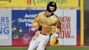 Erie SeaWolves baserunner Max Clark rounds second base on his way to scoring against the Chesapeake Baysox during an Eastern League baseball game at UPMC Park in Erie on July 18, 2025.
