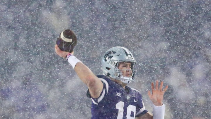 Nov 25, 2023; Manhattan, Kansas, USA; Kansas State Wildcats quarterback Will Howard (18) passes the