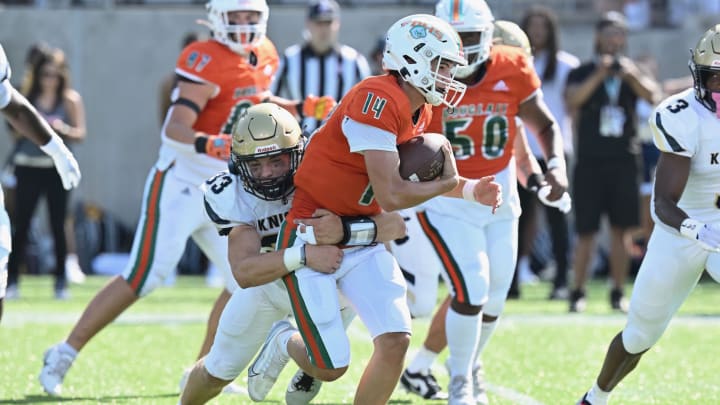 Archbishop Hoban linebacker Eli Lee brings down the quarterback in Hoban's win over Frederick Douglass on Saturday, August 19, 2023 at Tom Benson Hall of Fame Stadium. 