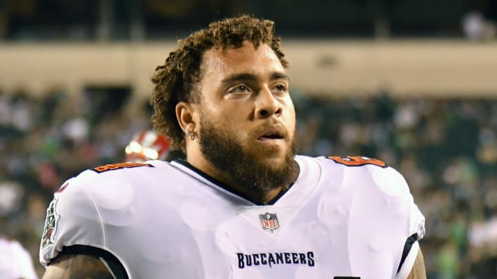 Oct 14, 2021; Philadelphia, Pennsylvania, USA; Tampa Bay Buccaneers guard Aaron Stinnie (64) against the Philadelphia Eagles at Lincoln Financial Field.  