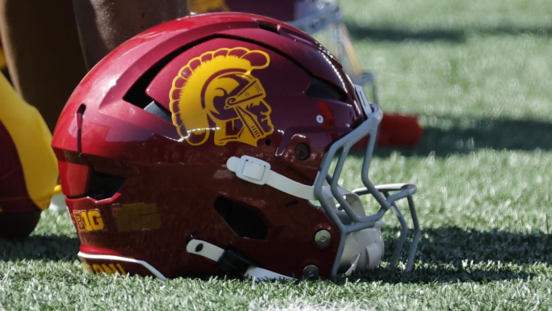 Sep 21, 2024; Ann Arbor, Michigan, USA;  USC Trojans helmet on the sideline during the game against the Michigan Wolverines at Michigan Stadium.