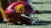 Sep 21, 2024; Ann Arbor, Michigan, USA;  USC Trojans helmet on the sideline during the game against the Michigan Wolverines at Michigan Stadium.