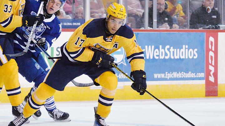 Erie Otters LW Malcolm Spence, center, competes against the Mississauga Steelheads at Erie Insurance Arena in Erie on Sept. 30, 2023. Erie Otters LW Malcolm Spence, center, competes against the Mississauga Steelheads at Erie Insurance Arena in Erie on Sept. 30, 2023.