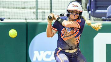 Clemson senior Alex Brown (25) hits against Kentucky during the top of the fifth inning of the NCAA Softball Clemson Regional at McWhorter Stadium in Clemson Sunday, May 18, 2025.