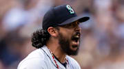 Seattle Mariners closer Andres Munoz celebrates after earning a save against the San Diego Padres on Aug. 27 at T-Mobile Park.