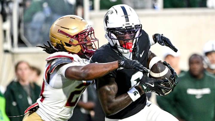 Michigan State's Nick Marsh, right, catches a touchdown pass as Boston College's Amari Jackson attempts to make the tackle during the first quarter on Saturday, Sept. 6, 2025, at Spartan Stadium in East Lansing. Michigan State's Nick Marsh, right, catches a touchdown pass as Boston College's Amari Jackson attempts to make the tackle during the first quarter on Saturday, Sept. 6, 2025, at Spartan Stadium in East Lansing.