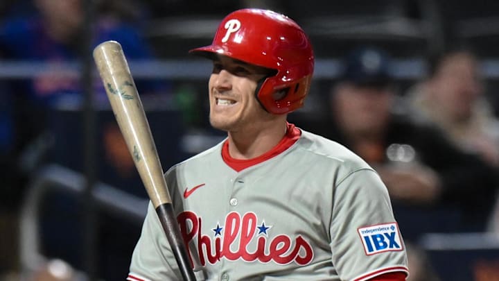 Apr 21, 2025; New York City, New York, USA; Philadelphia Phillies catcher J.T. Realmuto (10) reacts during the ninth inning against the New York Mets at Citi Field Apr 21, 2025; New York City, New York, USA; Philadelphia Phillies catcher J.T. Realmuto (10) reacts during the ninth inning against the New York Mets at Citi Field