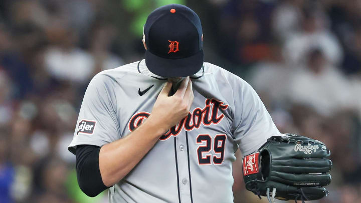 Jun 14, 2024; Houston, Texas, USA;  Detroit Tigers starting pitcher Tarik Skubal (29) reacts to Houston Astros second baseman Jose Altuve (27) (not pictured) double in the first inning at Minute Maid Park. Mandatory Credit: Thomas Shea-USA TODAY Sports