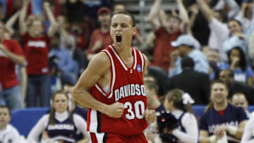 Stephen Curry reacts during Davidson's 82-76 victory over the Gonzaga Bulldogs in the 1st round of the 2008 NCAA Mens Basketball Tournament.