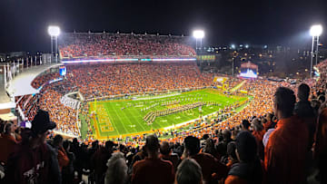 Clemson fans join in the National Anthem before the game with South Carolina on Saturday at Memorial Stadium in Clemson in 2016.