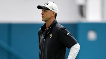 Jaguars general manager Trent Baalke on the field during Friday's rookie minicamp session. The Jacksonville Jaguars held their first day of rookie minicamp inside the covered field at the Jaguars performance facility in Jacksonville, Florida Friday, May 10, 2024.