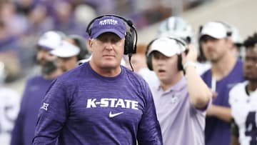 Nov 2, 2024; Houston, Texas, USA; Kansas State Wildcats head coach Chris Klieman walks the sidelines against the Houston Cougars in the first quarter at TDECU Stadium. Mandatory Credit: Thomas B. Shea-Imagn Images