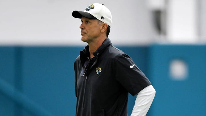 Jaguars general manager Trent Baalke on the field during Friday's rookie minicamp session. The Jacksonville Jaguars held their first day of rookie minicamp inside the covered field at the Jaguars performance facility in Jacksonville, Florida Friday, May 10, 2024.