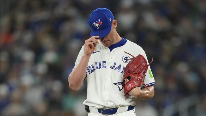 Jun 2, 2024; Toronto, Ontario, CAN; Toronto Blue Jays pitcher Chris Bassitt (40) reracts after hitting Pittsburgh Pirates right fielder Connor Joe with a pitch during the first inning at Rogers Centre. Mandatory Credit: John E. Sokolowski-USA TODAY Sports