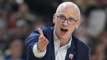 Apr 8, 2024; Glendale, AZ, USA; Connecticut Huskies head coach Dan Hurley reacts against the Purdue Boilermakers in the national championship game of the Final Four of the 2024 NCAA Tournament at State Farm Stadium. Mandatory Credit: Robert Deutsch-USA TODAY Sports