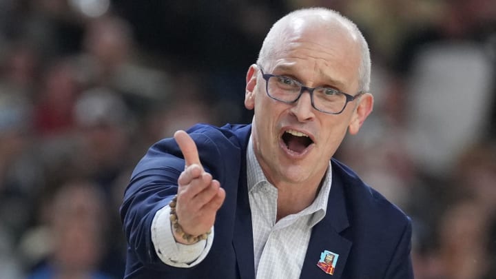 Apr 8, 2024; Glendale, AZ, USA; Connecticut Huskies head coach Dan Hurley reacts against the Purdue Boilermakers in the national championship game of the Final Four of the 2024 NCAA Tournament at State Farm Stadium. Mandatory Credit: Robert Deutsch-USA TODAY Sports