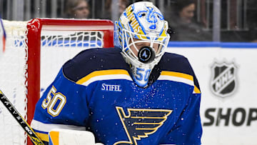 Nov 3, 2025; St. Louis, Missouri, USA; St. Louis Blues goaltender Jordan Binnington (50) defends the net against the Edmonton Oilers during the first period at Enterprise Center. Mandatory Credit: Jeff Curry-Imagn Images
