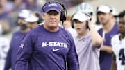 Nov 2, 2024; Houston, Texas, USA; Kansas State Wildcats head coach Chris Klieman walks the sidelines against the Houston Cougars in the first quarter at TDECU Stadium. Mandatory Credit: Thomas B. Shea-Imagn Images