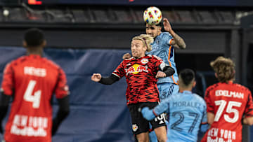 Emil Forsberg (10) of Red Bulls and Thiago Martins (13) of...