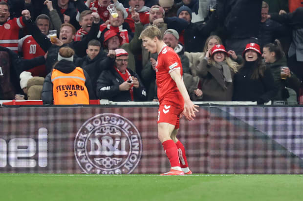 Denmark striker Rasmus Hojlund celebrates his goal