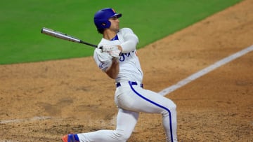 Florida utility Jac Caglianone (14) swings at a pitch during the sixth inning of an NCAA baseball matchup at 121 Financial Ballpark in Jacksonville, Fla. Florida State defeated Florida 14-3.