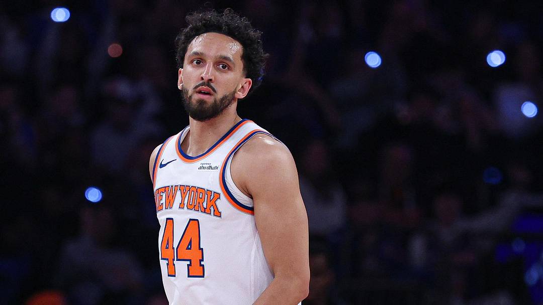 Apr 18, 2026; New York, New York, USA; New York Knicks guard Landry Shamet (44) reacts after a basket during the first half of the 2026 NBA Playoffs against the Atlanta Hawks at Madison Square Garden. Mandatory Credit: Vincent Carchietta-Imagn Images